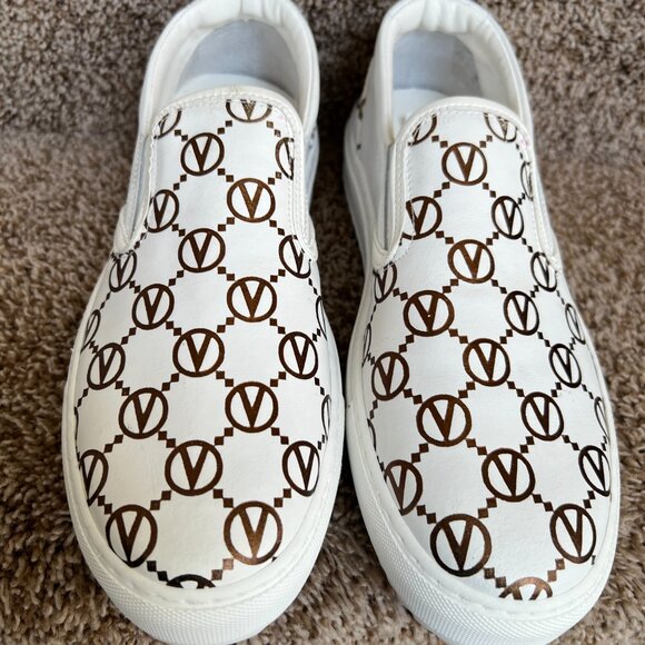 Valentino Women's White/ Brown Logo Leather Slip-on Sneakers